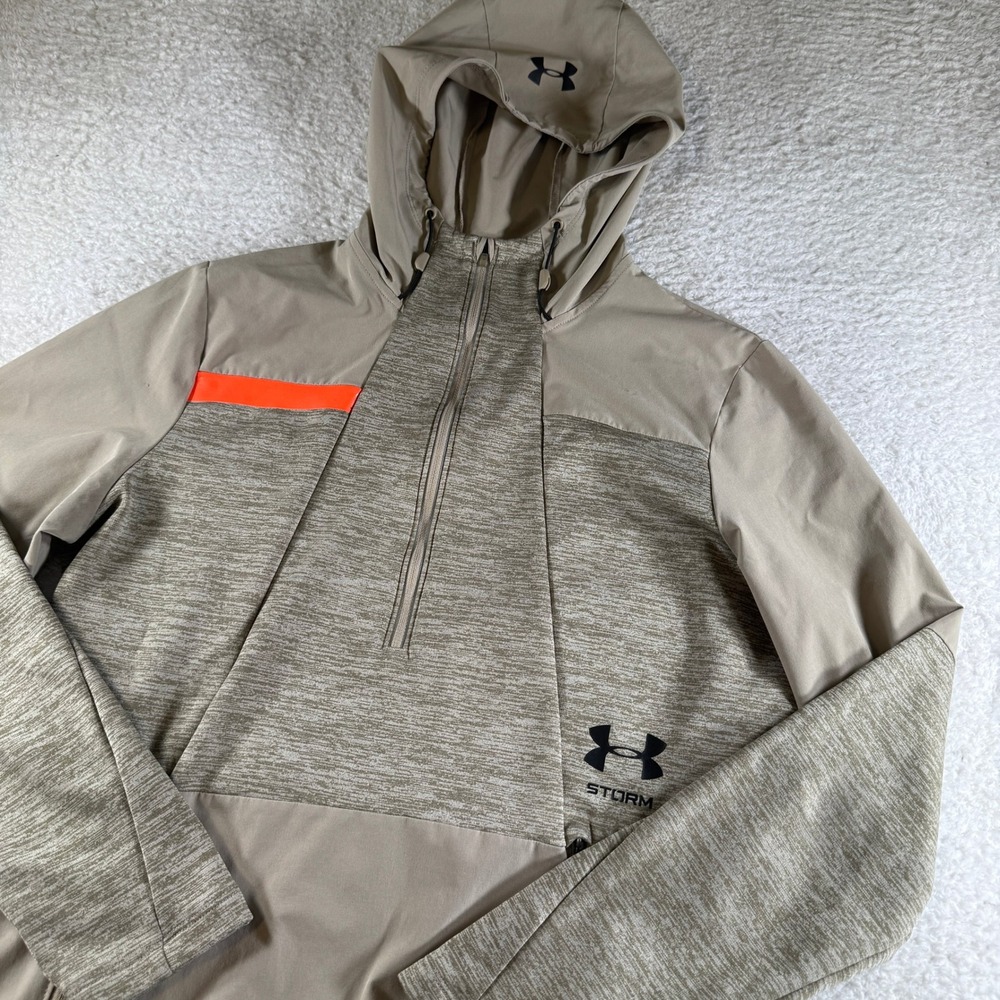 Under Armour Storm Hoodie Mens Medium Tan Grey Excellent Half Zip ColdGear 2907